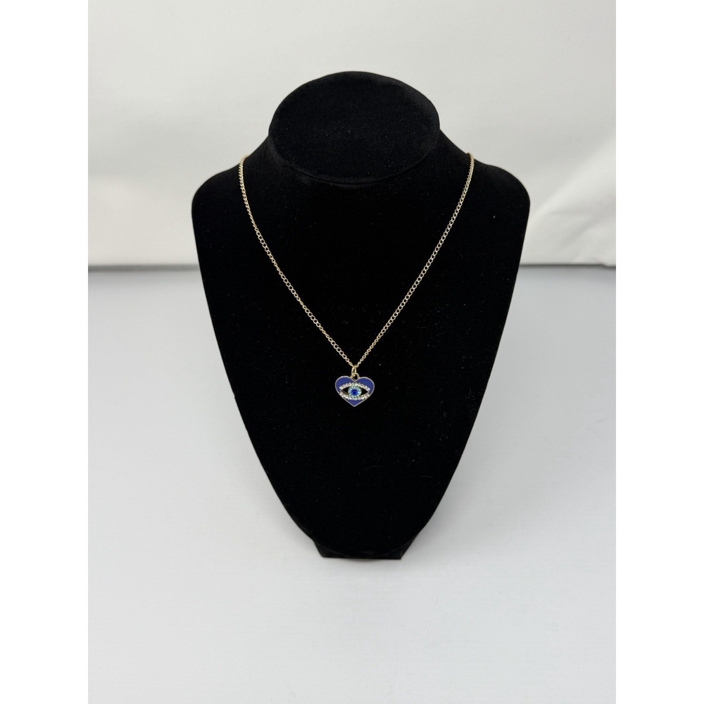 Heart Shaped Blue Evil Eye Pendant 24" Necklace Gold Color Nickel Free
